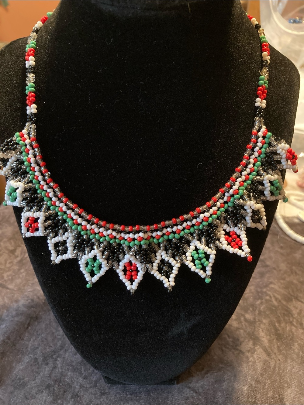 Handmade Bohemian Beaded Necklace in Red, Green, Black & White